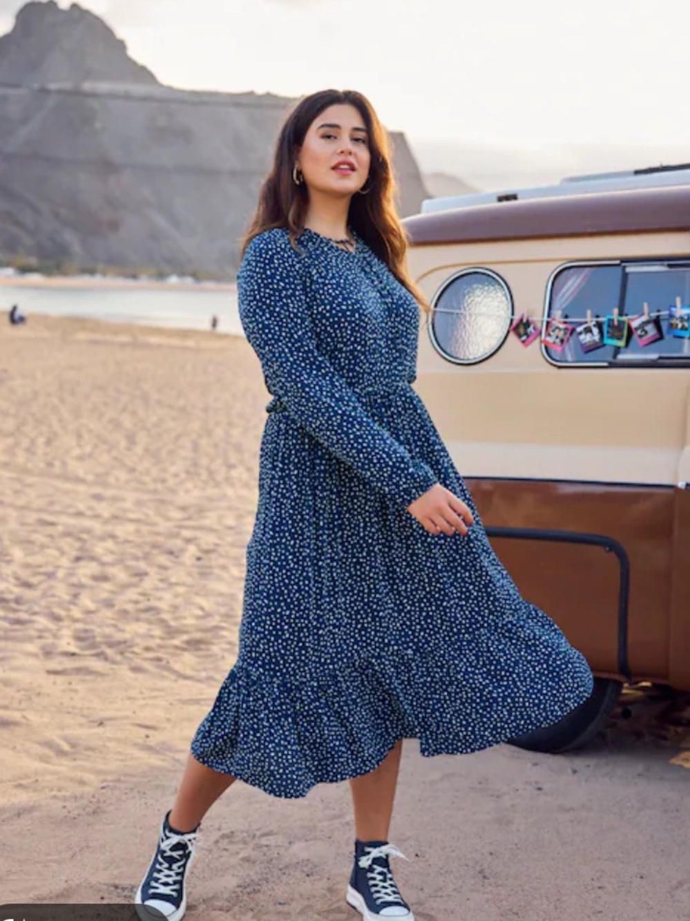 Ulla Popken Navy Blue Polka Dot Long Sleeve Midi Dress